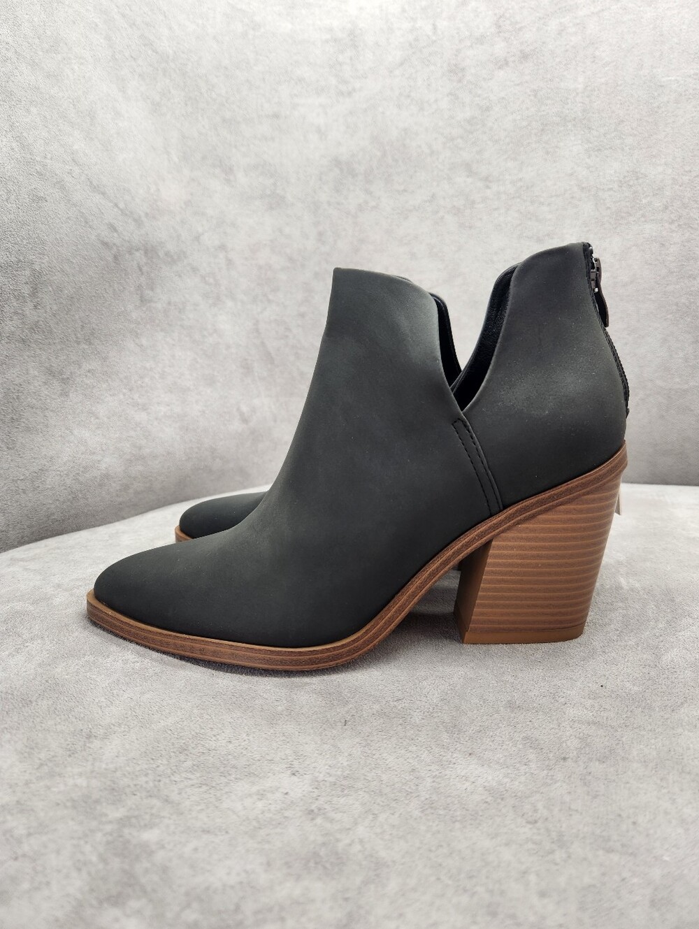 Pointy ankle boots 7 black vegan leather chunky heel cut out booties boho new